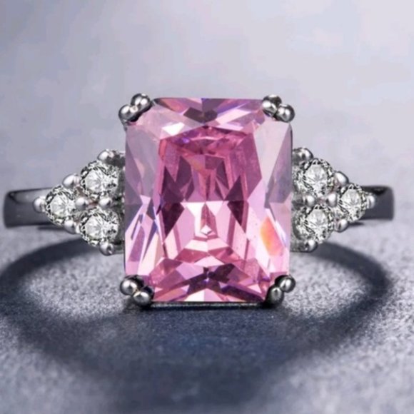 silver ring women princess cut pink sapphire - Picture 4 of 5
